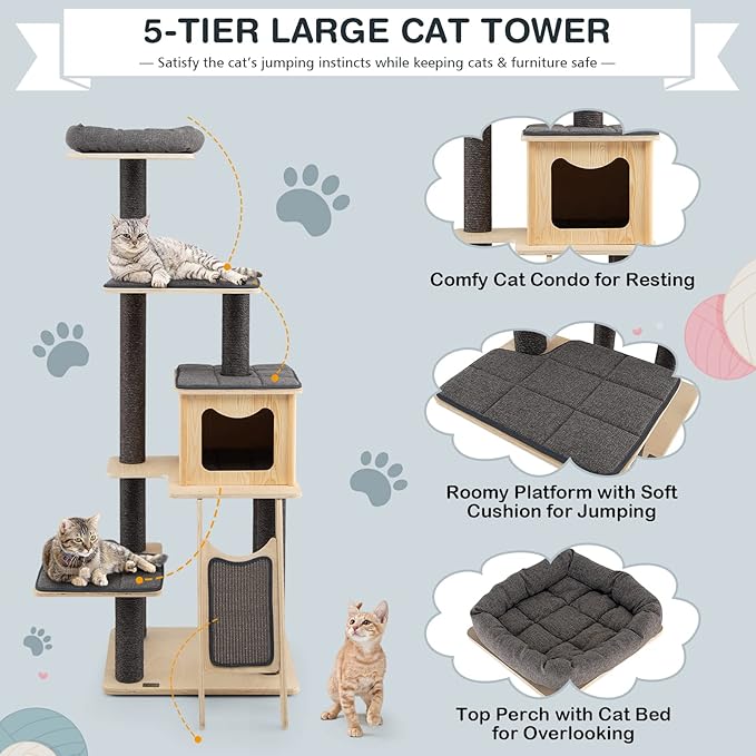 Tangkula Tall Cat Tree, 69 Inch 5-Tier Wood Cat Tower with Scratching Sisal Posts, Top Perch, Cute Cat Condo, Modern Cat Tree with Washable Cushions for Indoor Cats Large Adult (Grey)
