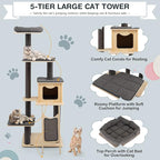 Tangkula Tall Cat Tree, 69 Inch 5-Tier Wood Cat Tower with Scratching Sisal Posts, Top Perch, Cute Cat Condo, Modern Cat Tree with Washable Cushions for Indoor Cats Large Adult (Grey)