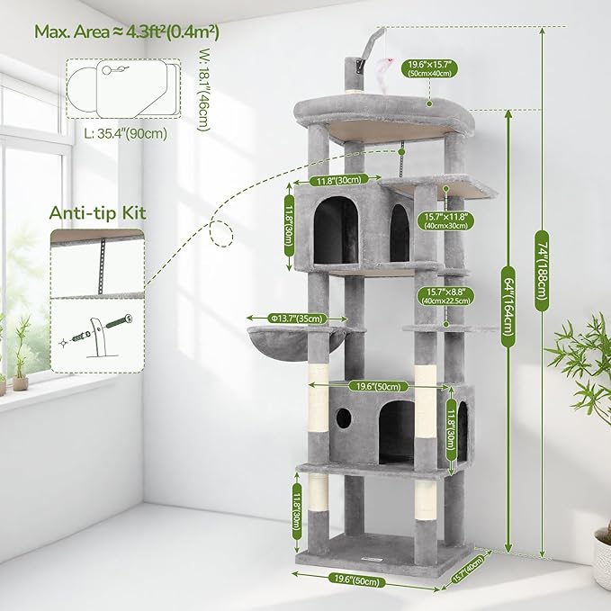 Globlazer Cat Tree for Indoor Cats Large Adult, 74in Tall Cat Tower with Scratching Post, Heavy Duty Cat Tree Tower with 2 Spacious Caves, Oversized Top Perch, Big Hanging Basket, F74B, Light Grey
