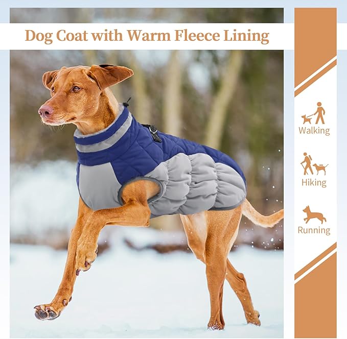 Dog Coats for Large Dogs,XL Dog Coat,Warm Fleece Winter Coat with D-Ring,Back Zipper Pet Jacket for Large Dogs,Waterproof Pet Snow Jacket Clothes Snowsuit Beagle Corgi Border Collie,Blue,XL