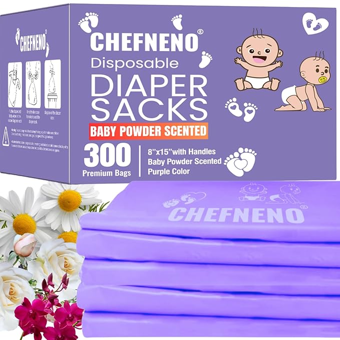 Baby Diaper Bag Disposable (300 ct.) Fresh Baby Powder Scented Easy Tie Handles Scented Diaper Sacks Disposable Dog Poop Waste Bags Cat Litter Clump & Poop Bags Sanitary Pad Waste Bags (300 Bags)