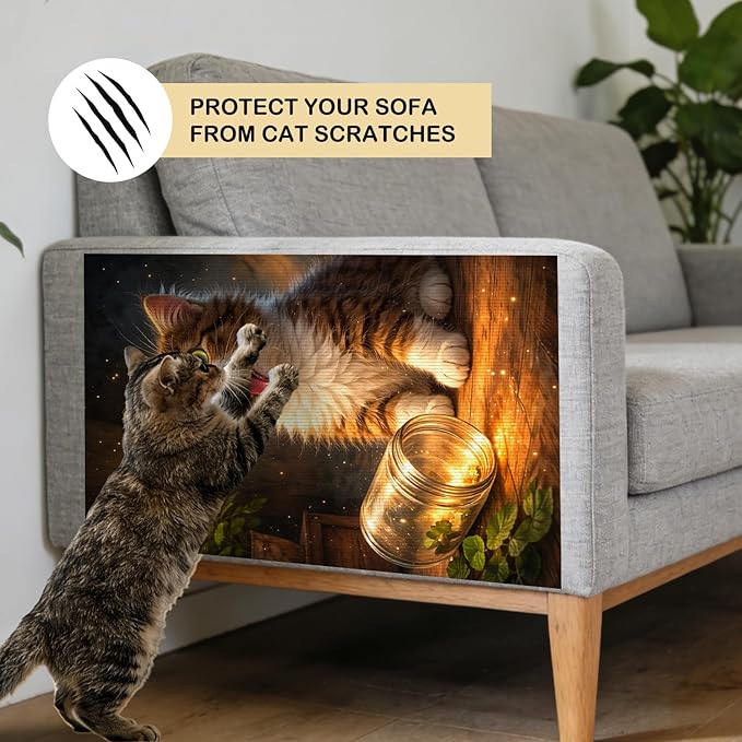 Nuxovilar Cat Scratch Pad 15.3x23.6 Inches Polyester Synthetic Fiber, Kitten & Firefly Print, wall cat Scratcher, Scratching mat, Home Decor, Playroom, Apartment (2pcs)
