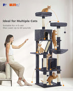 PEQULTI 71'' Cat Tree for Indoor Cats with Big Hammock, Tall Cat Tower for Large Cats with 2 Cat Condo, 2 Soft Top Perch, Scratching Posts and Pad, Dark Grey