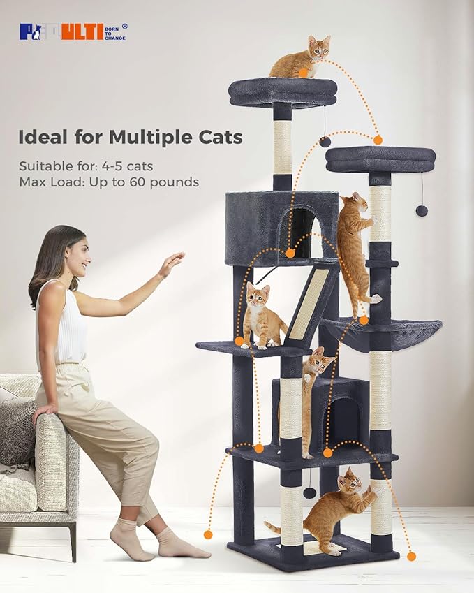 PEQULTI 71'' Cat Tree for Indoor Cats with Big Hammock, Tall Cat Tower for Large Cats with 2 Cat Condo, 2 Soft Top Perch, Scratching Posts and Pad, Dark Grey
