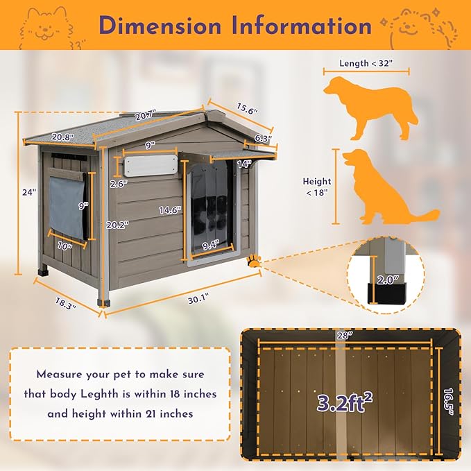 Outdoor Dog House Weatherproof Large Wooden Dog Kennel Indoor for Small Dogs with Chew-Proof Frame, Oxford Fabric Window, Removable Floor Pet Shelter (Grey, 30.1" D x 18.3" W x 24" H)