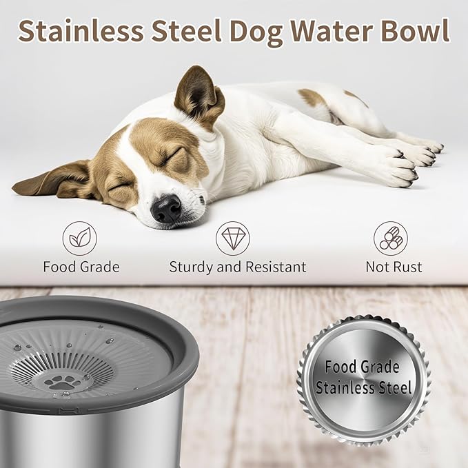 3.5L Dog Water Bowl No Spill 118oz Stainless Steel Water Bowl for Dogs No Splash Slow Water Feeder with Anti-Slip Mat for Messy Drinkers 3.5L+2 Filters