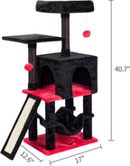 MIAO PAW Gothic Cut Cat Tree with Coffin Bed for Indoor Cats Cat Tower with Scratching Post Modern Activity House for Large Cats Condo with Board Kittens Cave Hammock Hanging Ball RED Black
