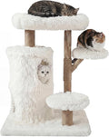 Morden Cat Tree for Indoor Cats, Aesthetic Solid Wood Cat Tree w/Natural Solid Wood Scratching Post, Boho White Cat Condo with 2 Cloud Perches, Platform