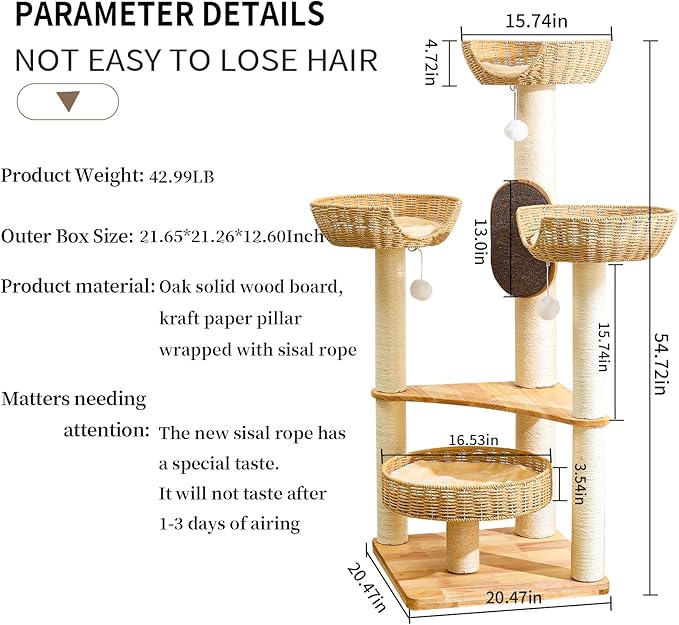 Cat Tree for Indoor Cats，54''Multi-Level Cat Tower for Large Adult, Sturdy Cat Tree House with 4 Plush Perches/Condos, 1 Scratching Boards 7 Posts, and Easy to Assemble.