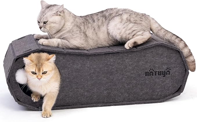NATUYA Cat Bed Cave for Indoor Cats, Large Cat Lounge Cave Bed with Toy Ball, Enclosed Scratch Resistant Detachable Felt Cat Hideaway Bed for Cats up to 22 Lbs