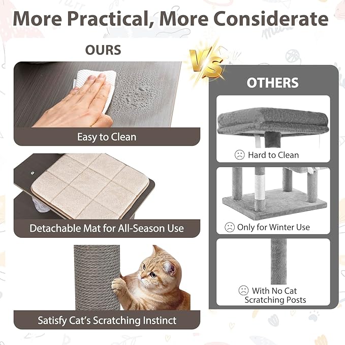 PETSITE 59.5 Inches Modern Cat Tree, Multi-Level Cat Tower with Scratching Posts, Large Condo with Removable Pad, Cushioned Soft Top Perch, and Interactive Dangling Ball (Grey)