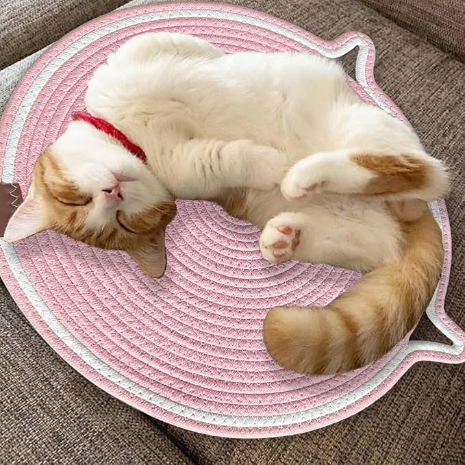 Personalized Cat Scratcher Mat, Customized with Name Text Natural Cotton Rope Round Horizontal Cat Scratching Pads with Ball Toy, Cat Furniture Protector for Wall, Couch, Carpets, Sofa (Pink)