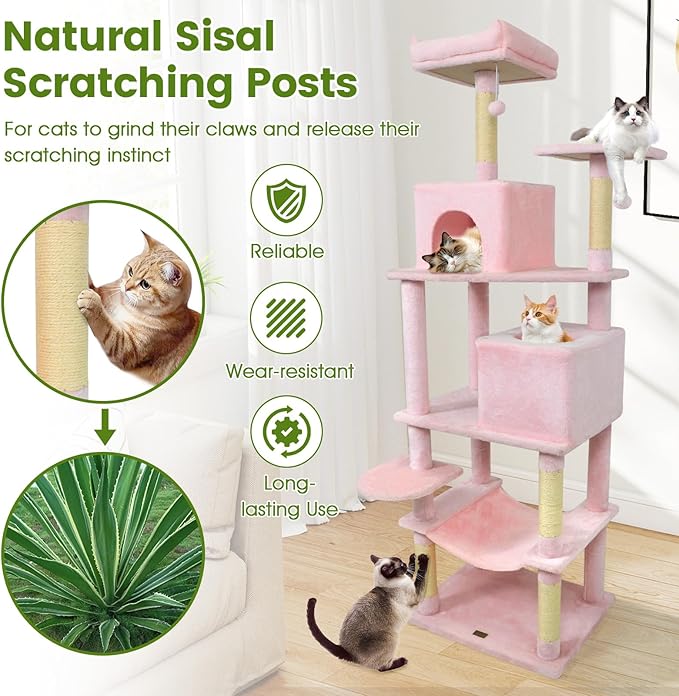 PETSITE Multi-Level Cat Tree, 75 Inches Tall with Sisal Scratching Posts, 2 Condos, Hammock, Dangling Balls, and Cozy Top Perch, Ideal for Indoor Cats to Play and Rest (Pink)
