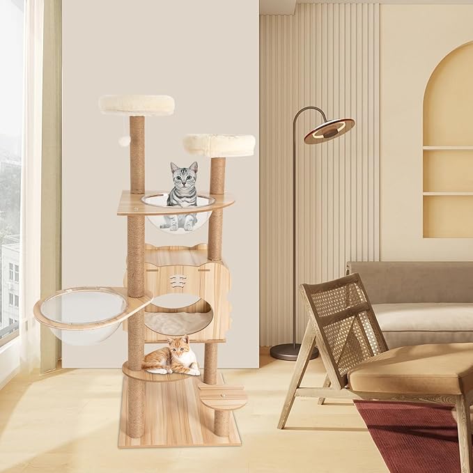 Cat Tree, L19.7*W19.7*H54in Wooden Cat Climbing Tower for Indoor Cats, Multi-Layer Cat Condo with Cat House, Transparent Capsules, Scratching Posts, Holds 15kg/33lbs