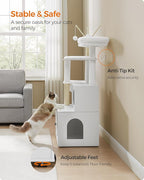 Feandrea Cat Tree with Litter Box Enclosure, 59-Inch Modern Cat Tower, 2-in-1 Condo with Scratching Posts, Washable Removable Cushion, Cloud White UPCT113W01