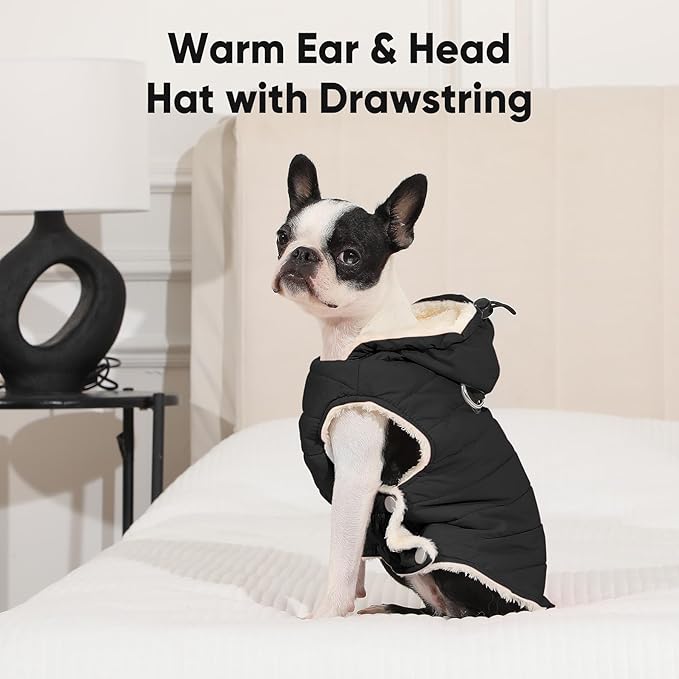 Fleece Lining Dog Hoodie with Harness Built in,Extra Warm Small Dog Jacket in Winter Puppy Coats with Drawstring Hooded,Black XS