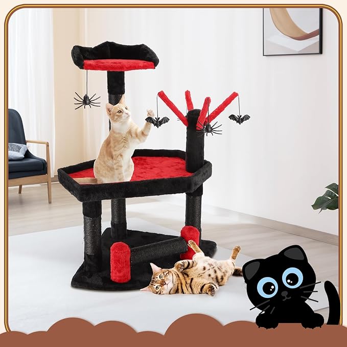Nobleza Gothic Cat Tree with Coffin Bed, 24.4" Halloween Black Goth Cat Tree Tower for Indoor Cats, Spooky Cat Tree Stand Climber Pole with Hanging Spiders Bats for Kitten, Black Red, Small