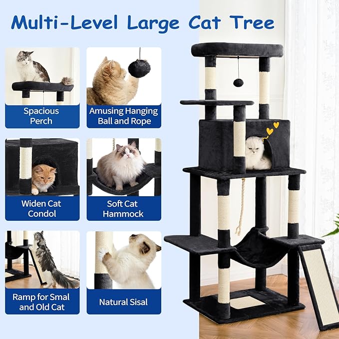 Cat Craft Cat Tree 63 Inch Cat Tower for Indoor Cats, Multi-Level Cat Tree for Large Cats 20 lbs+ Heavy Duty Cat Tower with Sisal Scratching Posts, Hammock, Condo and Extended Platform, Black