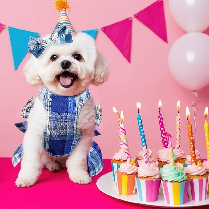 PETCARE Cute Dog Dress Clothes for Small Dogs Cats Girl Female Blue Plaid Bow Tie Dog Harness Dresses Leash Set with Pearls Bow Accessories Birthday Puppy Dress Shih Tzu Yorkies Chihuahua Outfits