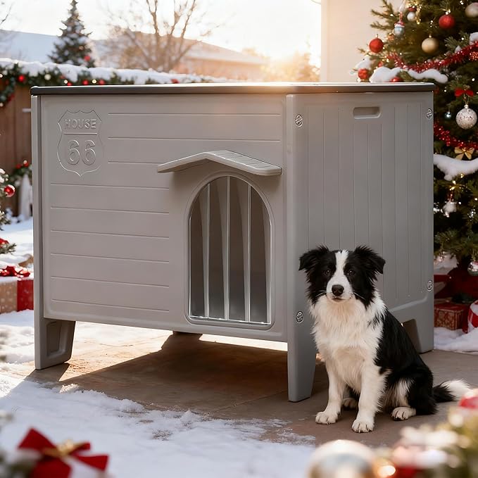 Rockever Dog House Outdoor Indoor for Large Dogs, Insulated Dog House with Mat, Plastic Elevated Outdoor Dog House Waterproof Dog Kennel with Window, Clean Easily(L & Mat)