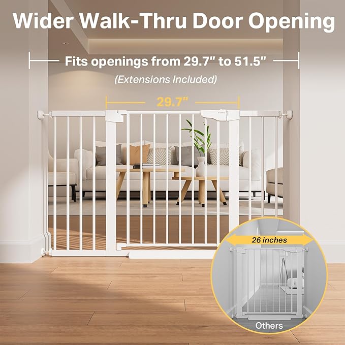 Cumbor 29.7–51.5" Extra Wide Baby Gate for Stairs, Pressure-Mounted Dog Gates for Doorways & Hallways, Auto-Close Walk-Through, No-Trip Design, Child Proof Safety, Dog/Pet Gate for Indoor Use, White
