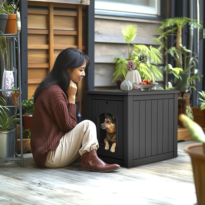 DRATO Outdoor Indoor Dog House,Resin Material Ventilate Waterproof Added to The Bottom,Multi-Functional Pet House for Small to Medium Dog(Black, Medium)