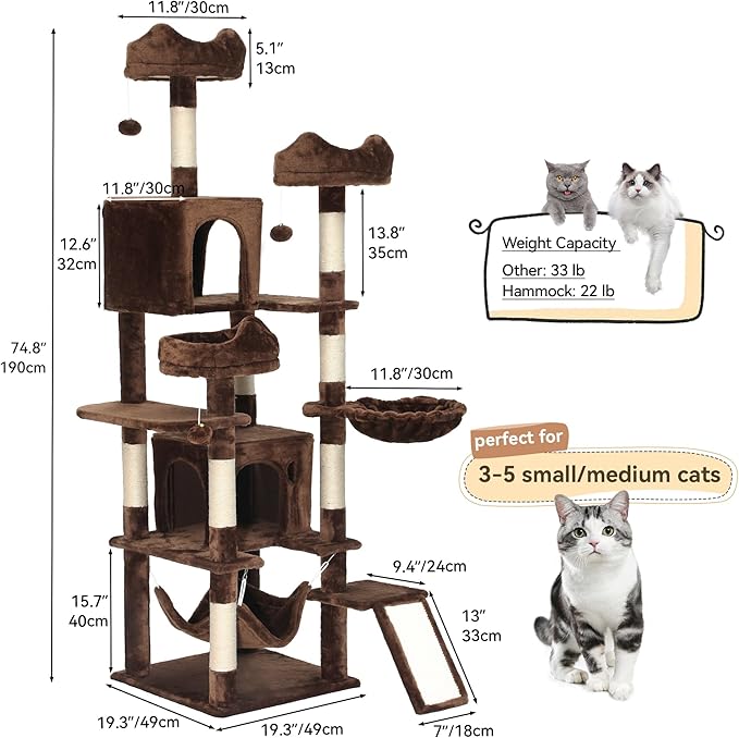 DWVO 75 in Multi-Level Cat Tower: Tall Cats Tree for Indoor Kittens, Pet Furniture with Kitty Condos, Top Perches, Sisal Ramp Scratching Posts, Cozy Basket, Hammocks, Brown