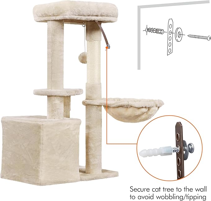 Topeakmart Cat Tree Tower for Indoor Cats, 34.5in Cute Cat Tree Activity Center with Condo & Scratching Post, Multi-Level Cat Climbing Tower Play House w/Large Perch, Platform, Basket, Beige