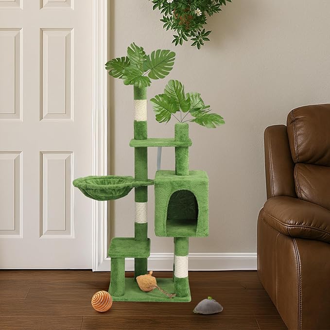 48in Plush Cat Tree with Leaves,Multi-Level Cats Tower,Large Pet Activity Center,with Sisal Scratching Post, Cat Condo, Padded Beds, Cozy Hammock,for Kittens and Indoor Cats (Green)
