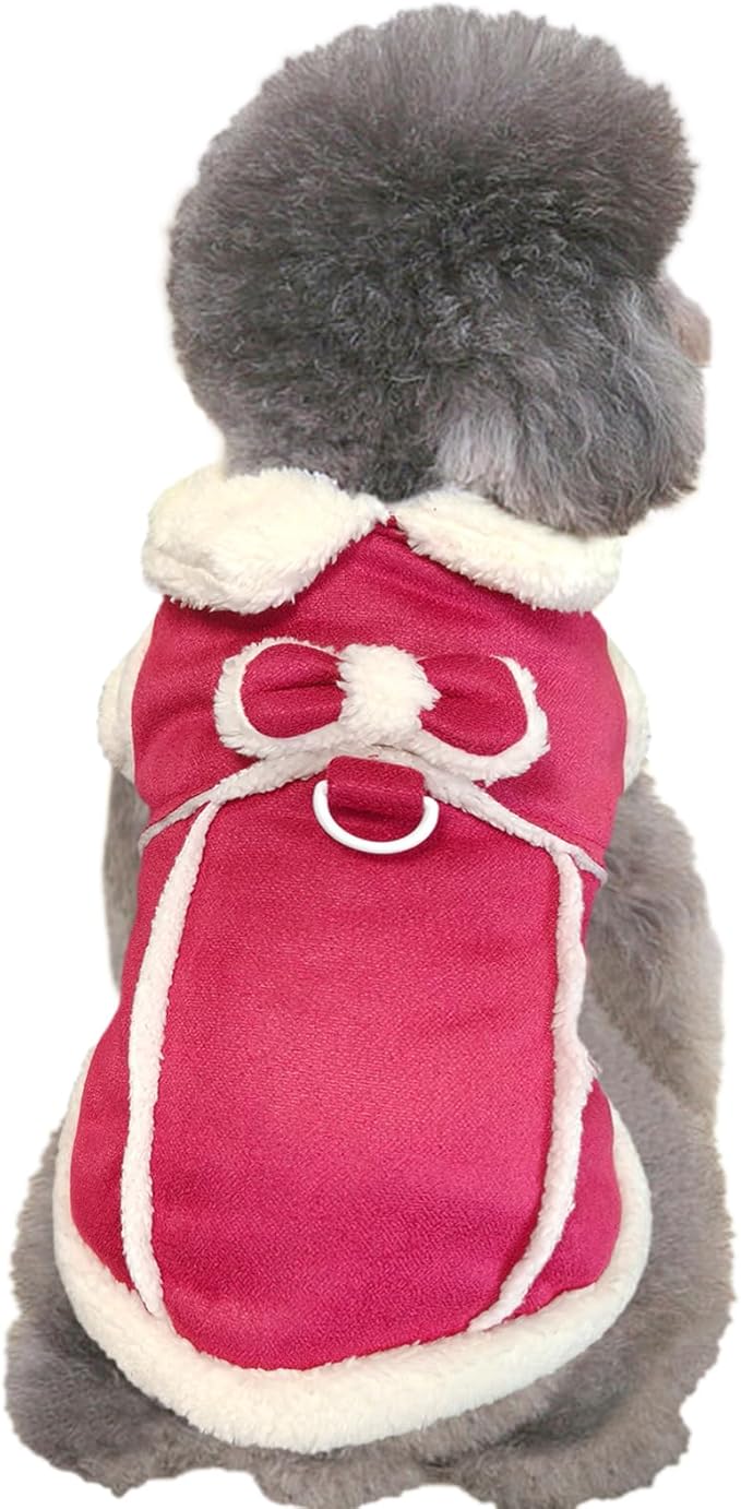 Jecikelon Bowtie Dog Cold Weather Coat Fleece Lining Warm Pet Puppy Turtleneck Dogs Winter Clothes for Small Dogs with D-Ring (Red, Large)