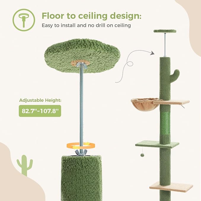 PEQULTI Cat Tree Floor to Ceiling,Cactus Tall Cat Tower, Adjustable Height (83''-108'') 5 Tiers Climbing Tree for Indoor Cats with Cat Condo, Scratching Post and Ladder, Green