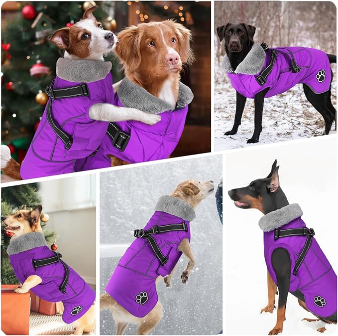 Doglay Dog Jacket Waterproof Dog Coat with Harness Built in, Christmas Puppy Winter Coat Reflective Turtleneck Puffer Snow Jackets for Small Medium Large Dogs