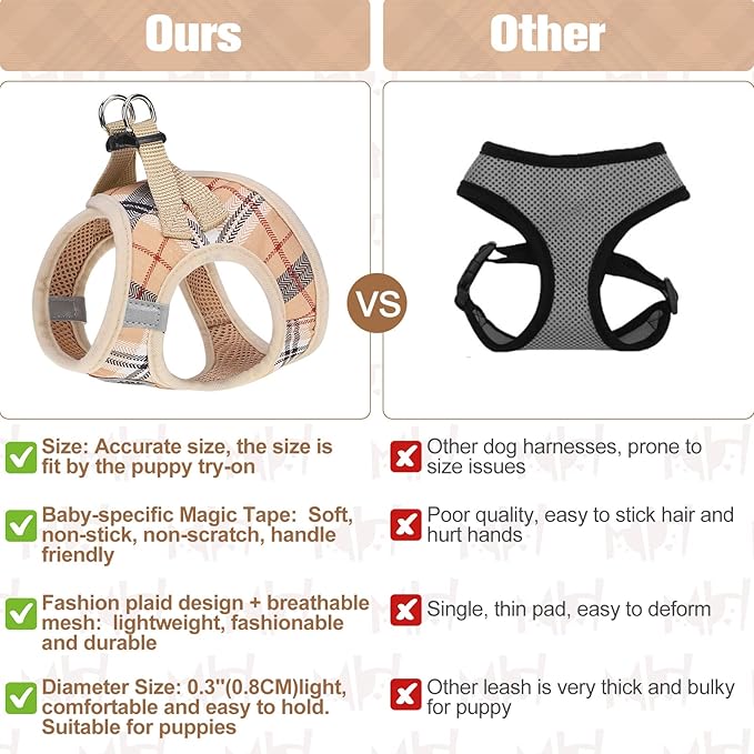 BEAUTYZOO Small Dog Harness and Leash Set,Step in No Choke No Pull Soft Mesh Dog Harnesses Reflective for Extra-Small/Small Medium Puppy Dogs and Cats, Plaid Dog Vest Harness for XS S Pets, Beige XXS