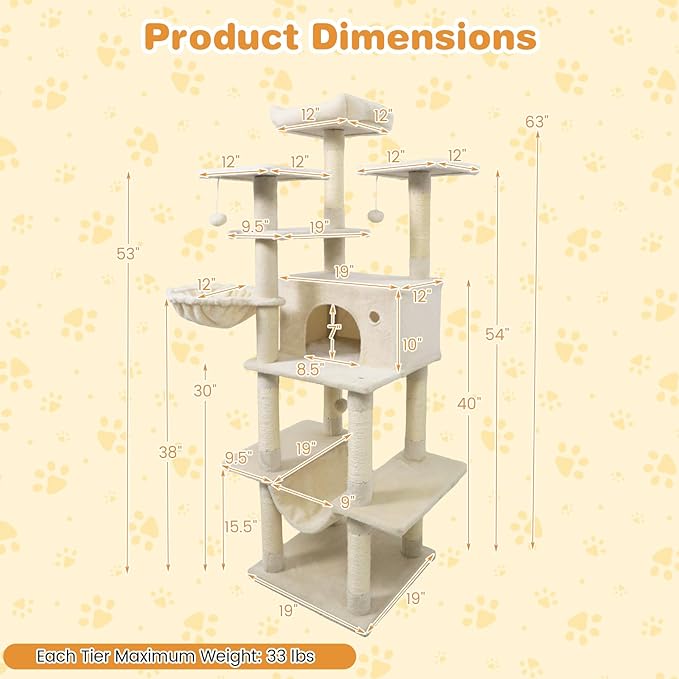 Tangkula Tall Cat Tree, 63 Inch Large Cat Tower with Sisal Scratching Posts, Plush Top Perch, Condo, Hammock, Basket Bed, Dangling Balls & Jumping Platforms for Indoor Cats Large Adult (Beige)