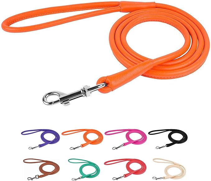 CollarDirect Rolled Leather Dog Leash 4ft, Soft Padded Training Leather Dog Lead 6ft, Puppy Leash Rolled Leather Small Medium Large Black Blue Red Orange Green Pink White (Orange, Size XL 6ft)