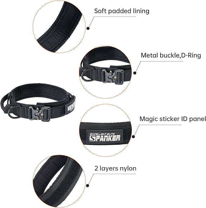 EXCELLENT ELITE SPANKER Tactical Dog Collar Nylon Adjustable Training Collar Military Dog Collar Heavy Duty Metal Buckle with Control Handle for Medium and Large Dogs with Patches(Black-XL).