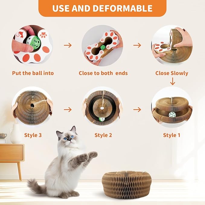 Collapsible Cats Cardboard Scratcher, Interactive Cat Toys for Indoor Cats, Scratch Pad Shape Shifting Ball Track with Bell, Magic Organ Cat Toy for Chase & Scratch Paw Easter Toys for Kitties Paw