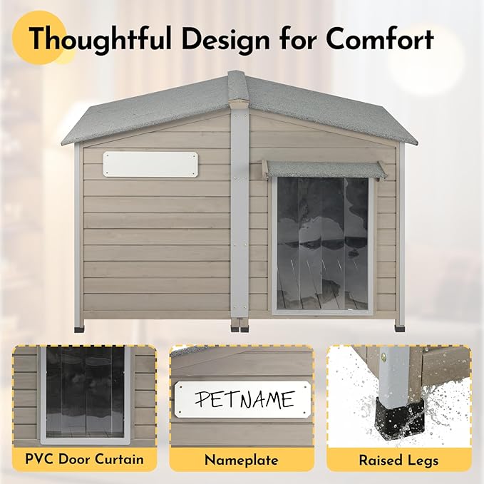 55''L Extra Large Dog House Outdoor Weatherproof, Wooden XL Dog Houses Kennel Breed with Waterproof Roof, Chew-Proof Iron Frame, Doghouse Pet Shelter Fits Small to Large Dogs