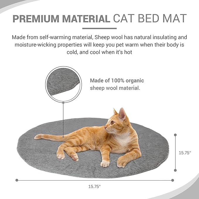 Cat Bed Mat Natural Merino Wool Cozy Large Carpet Pad for Pet Cats Kitty Small Dog House Warm Organic Sheep Wool Scratch Floor Mats Rug Bedding (Plain Gray, Large)