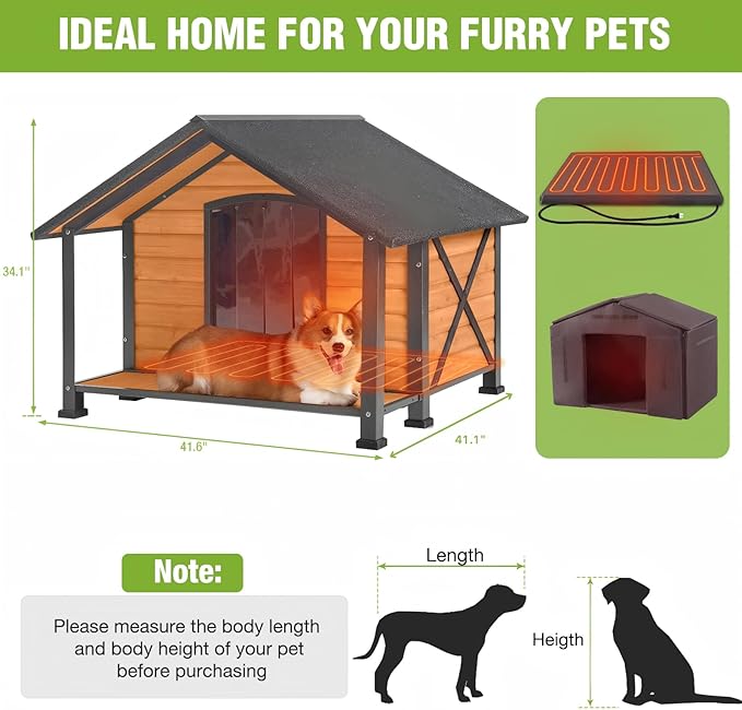 GUTINNEEN Extra Large Heated Outdoor Dog House Weatherproof Dog Kennel with Anti-Chewing Iron Frame, Wooden Insulated Dog Shelter with Porch, Heating Pad and Insulated Liner for Winter