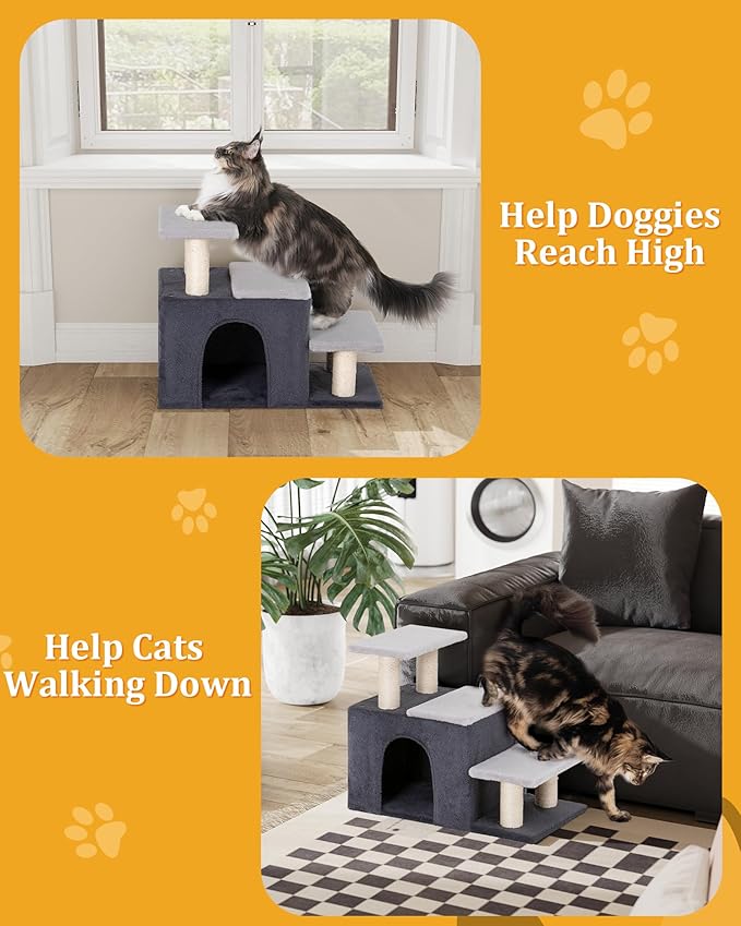 3-in-1 Pet Stairs for Cats, Dog Steps for Doggie Rabbits,7.8'' Depth Cat Stairs,Indoor Cat Steps for High Bed for Pet's Joints, Soft Plush, 1 Big Cat Condo Cave, Sisal Scratcher, Grey, Large