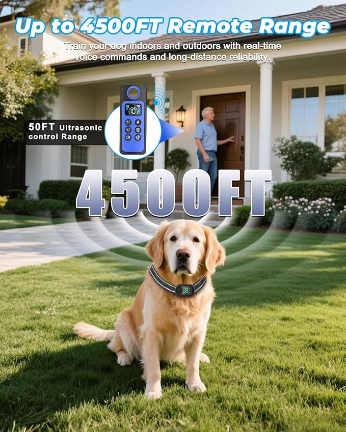 Rechargeable Dog Shock Collar with Remote – 4500FT Voice, Beep, Vibration, Static & LED Training Modes, Waterproof E Collar for Small Medium Large Dogs