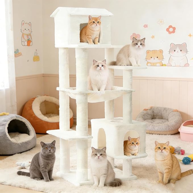 KAWHBET 64in Cat Tree,Cute Big Multi-Level Cat Tower Cat Tower W/Scratching Post,Apartment,and Extended Platform for Cats to Play and Sleep,Cat Tree for Indoor Cats Large Adult (White)
