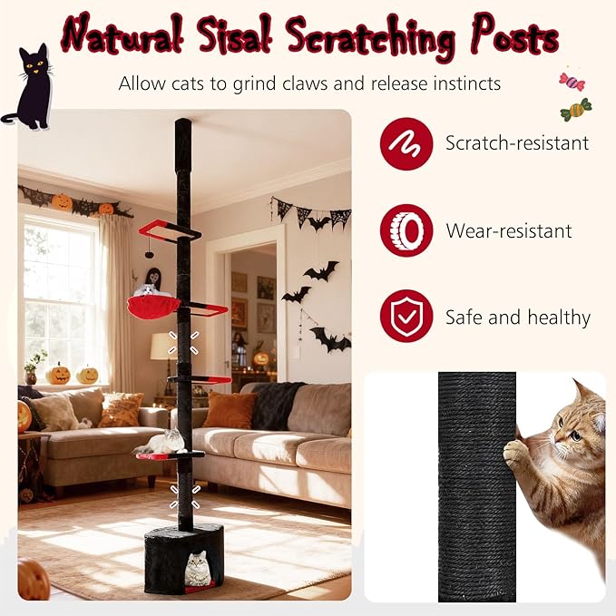 PETSITE Gothic Floor to Ceiling Cat Tree, 97-118 Inches Height Adjustable Goth Ceiling Cat Tower with Sisal Scratching Posts, Condo, Side Basket Bed, Dangling Toy, and Multiple Jumping Platforms