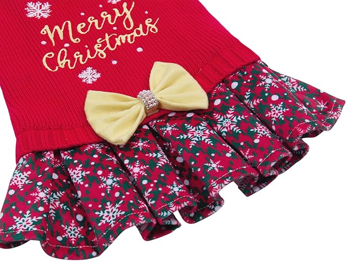 CuteBone Christmas Dog Sweater Dress Turtleneck Puppy Sweater with Bowtie Harness Hole Pullover Winter Dress for Medium Dogs DS53XXL