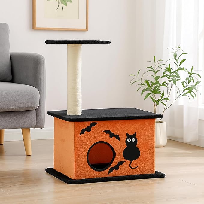 33" Halloween Cat Tree with Spacious Cat Condo, Small Cat Tower for Indoor Cats with Large Platform, Sisal Scratching Post - Spooky Cat Furniture for Small to Medium Cats, Orange & Black