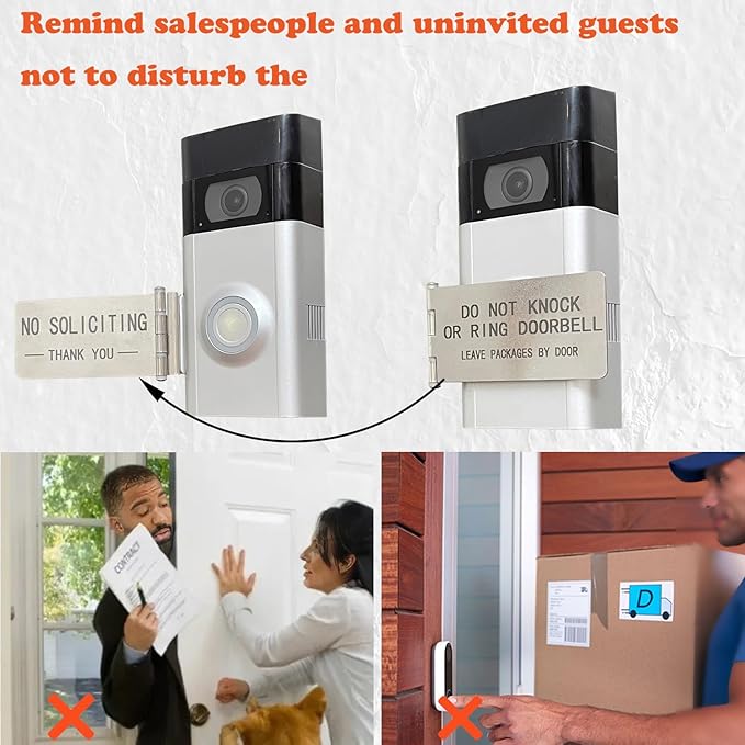 Front Door No Soliciting Sign & Do Not Knock Or Ring Doorbell Sign - Easy to Install on Doorbells - Prevents the Doorbell From Ringing While Napping or at Work (Silver - Left Side Mount)