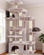 Heybly Cat Tree, 71-Inch Tall Cat Tower for Large Maine Coon Cats with Extra-Large Baseboard, Cat Condo Furniture with Multi-Level Platforms, 2 Hammocks and 12 Scratching Posts, Muchroom HCT037MU