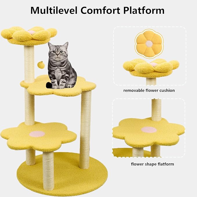 40" Flora Cat Tree – Fresh Floral Design with Removable Cozy Perch, Sisal Scratching Posts | Multi-Level Safe Climbing Furniture for Cats (Yellow)