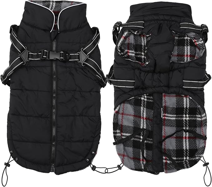 Geyecete Winter Warm Coat Waterproof Dog Winter Jacket with Harness Traction Belt,Pet Outdoor Jacket Dog Autumn and Winter Clothes for Medium, Small Dog-Black-XS